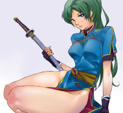 Rule 34 | 1girl, blue eyes, earrings, fire emblem, fire emblem: the blazing blade, green hair, impossible clothes, impossible shirt, jewelry, long hair, lyn (fire emblem), nintendo, no panties, shirt, solo, sword, weapon