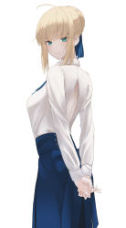 Rule 34 | 1girl, absurdres, ahoge, arched back, arms behind back, artoria pendragon (all), artoria pendragon (fate), back cutout, bad id, bad pixiv id, blonde hair, blue ribbon, blue skirt, blush, braid, braided bun, breasts, closed mouth, clothing cutout, est (est illust), fate/stay night, fate (series), from side, green eyes, hair bun, hair ribbon, highres, long sleeves, neck ribbon, ribbon, saber (fate), shirt, short hair with long locks, sidelocks, simple background, skirt, small breasts, solo, standing, white background, white shirt