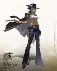 Rule 34 | 1girl, artist request, black hair, black hat, black jacket, black pants, breasts, character name, closed mouth, colt walker, colt walker (girls&#039; frontline), copyright name, cowboy hat, cowboy western, crop top, earrings, girls&#039; frontline, green eyes, gun, hair over one eye, handgun, hat, highres, holding, holding gun, holding weapon, holster, jacket, jewelry, large breasts, midriff, nail polish, navel, official art, pants, promotional art, revolver, smile, solo, underboob, weapon, yellow nails