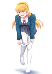 Rule 34 | 1girl, blonde hair, blue jacket, blunt bangs, blush, dress, floating hair, full body, green eyes, grey dress, hairband, heanna sumire, jacket, leaning forward, long hair, long sleeves, looking at viewer, love live!, love live! superstar!!, neck ribbon, open clothes, open jacket, open mouth, panties, panty pull, pinafore dress, pleated dress, pulled by self, red hairband, red ribbon, ribbon, school uniform, short dress, simple background, sleeveless dress, solo, standing, standing on one leg, taros illust, thighhighs, underwear, undressing, very long hair, white background, white panties, white thighhighs, yuigaoka school uniform, zettai ryouiki