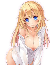 Rule 34 | 10s, 1girl, atago (kancolle), blonde hair, blue eyes, blush, breasts, cleavage, cowboy shot, dress shirt, groin, kantai collection, kurenai hanpen, large breasts, leaning forward, long hair, long sleeves, naked shirt, no bra, off shoulder, personification, shiny skin, shirt, simple background, smile, solo, white background