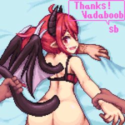 Rule 34 | 1girl, adav (vadaboob), animated, animated gif, ass, borrowed character, bouncing breasts, bra, breasts, collarbone, commission, cum, demon girl, demon horns, demon tail, demon wings, doggystyle, eyepatch, groin, hair between eyes, horns, long hair, looping animation, lowres, medium breasts, missionary, navel, nipples, original, pixel art, red hair, sb (coco1), sex, sex from behind, shiny skin, solo focus, tail, tail grab, tattoo, underwear, vaginal, wings