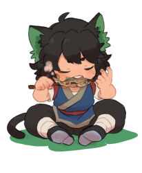Rule 34 | 1boy, black hair, blush, cat boy, cat tail, chinese clothes, closed eyes, eating, eichi (wild chicken), fish, leg wrap, luo xiaohei, luo xiaohei zhanji, male focus, open mouth, sash, shoes, sitting, solo, steam, tail, teeth, white background