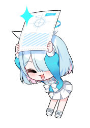 Rule 34 | 1girl, :3, absurdres, alfie (tmdals7645), arms up, arona (blue archive), blue archive, blue hair, blue shirt, blush, bow, bowtie, braid, chibi, colored inner hair, hair over one eye, halo, highres, holding, holding paper, leaning forward, long sleeves, multicolored hair, open mouth, paper, sailor collar, shirt, shoes, short hair, simple background, single braid, skirt, smile, sneakers, solo, sparkle, standing, white background, white footwear, white skirt