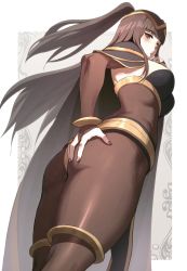 Rule 34 | 1girl, ass, ass grab, black hair, blush, bodystocking, bodysuit, breasts, bridal gauntlets, cape, carcass (artist), fire emblem, fire emblem awakening, foreshortening, from below, grabbing own ass, hand on own ass, large breasts, long hair, looking at viewer, looking back, looking down, nintendo, purple eyes, simple background, skin tight, solo, tharja (fire emblem), thighs, tiara, two side up