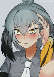 Rule 34 | 10s, 1girl, absurdres, black hair, blush, breast pocket, closed mouth, collared shirt, crying, crying with eyes open, eyes visible through hair, furrowed brow, grey hair, grey shirt, hair between eyes, hair intakes, hand in another&#039;s hair, highres, kemono friends, long hair, looking at viewer, low ponytail, maton (post it rock), multicolored hair, necktie, nose blush, orange hair, out of frame, pocket, pov, pov hands, shirt, shoebill (kemono friends), side ponytail, solo focus, tears, twitter username, upper body, white neckwear, wing collar, yellow background