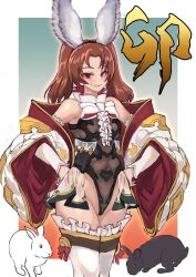 Rule 34 | 1girl, animal ears, black leotard, bougainvillea (unnryuu), bow, bowtie, brown eyes, brown hair, center frills, chinese zodiac, coat, commentary request, cosplay, cowboy shot, detached sleeves, fake animal ears, frilled thighhighs, frills, girls und panzer, granblue fantasy, grin, hands on own hips, highleg, highleg leotard, highres, kadotani anzu, leotard, long hair, long sleeves, looking at viewer, makura (granblue fantasy), makura (granblue fantasy) (cosplay), new year, outside border, parted bangs, rabbit, rabbit ears, showgirl skirt, sleeveless, smile, solo, standing, thighhighs, translated, twintails, white bow, white bowtie, white coat, white sleeves, white thighhighs, wide sleeves, year of the rabbit