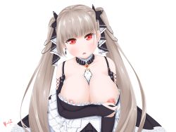 Rule 34 | 1girl, absurdres, azur lane, black bow, blunt bangs, bow, breasts, cleavage, collarbone, dress, earrings, female focus, formidable (azur lane), hair bow, highres, jewelry, large breasts, long hair, looking at viewer, maid, nipples, open mouth, red eyes, simple background, solo, twintails, vermelhatan, white background