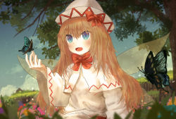 Rule 34 | 1girl, arm up, blonde hair, blue eyes, blue sky, blurry, bow, bowtie, bug, butterfly, butterfly on hand, capelet, cloud, day, depth of field, dress, dutch angle, ekaapetto, fairy wings, flower, grass, hair between eyes, hat, hat bow, highres, insect, light particles, lily white, long hair, long sleeves, looking to the side, open mouth, outdoors, red bow, red bowtie, sky, solo, swallowtail butterfly, touhou, tree, upper body, very long hair, white capelet, white dress, white hat, wide sleeves, wings