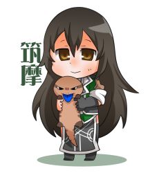 Rule 34 | 1girl, animal, animal request, black gloves, black thighhighs, blush, brown eyes, brown hair, chibi, chikuma (kancolle), closed mouth, commentary request, elbow gloves, full body, gloves, gurageida, hair between eyes, holding, holding animal, kantai collection, long hair, long sleeves, looking at viewer, pelvic curtain, shadow, single elbow glove, single glove, sleeves pushed up, smile, solo, standing, thighhighs, very long hair, white background