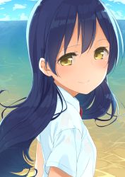 Rule 34 | 10s, 1girl, blue hair, blush, cloud, day, long hair, looking at viewer, love live!, love live! school idol project, outdoors, shirt, short sleeves, smile, solo, sonoda umi, tofu1601, upper body, water, yellow eyes