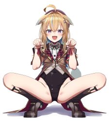 Rule 34 | 1girl, absurdres, ahoge, animal ears, blonde hair, boots, dog ears, dog tail, fangs, hair ornament, hairclip, hat, highres, jacket, leotard, leotard under clothes, looking at viewer, multicolored hair, open mouth, paw pose, purple eyes, shinomu (cinomoon), shinsougumi, shitagai nora, skin fangs, solo, spread legs, squatting, tail, virtual youtuber