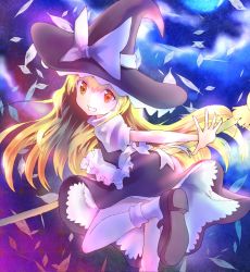 Rule 34 | 1girl, apron, blonde hair, bow, broom, female focus, grin, hat, highres, kirisame marisa, leaf, long hair, looking back, mary janes, mist1129, orange eyes, outstretched arms, shoes, smile, solo, touhou, waist apron, witch hat