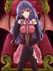 Rule 34 | 1girl, akira tsukiryuu, alternate hairstyle, bad anatomy, bare shoulders, bat wings, black thighhighs, bow, breasts, chair, corset, crossed arms, dress, elbow gloves, female focus, from above, garter straps, gloves, hair bow, kuko (endless-repeat), large breasts, light purple hair, long hair, no headwear, no headwear, aged up, poorly drawn, red eyes, remilia scarlet, sitting, solo, strap slip, thighhighs, touhou, very long hair, wings