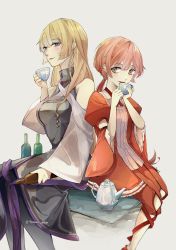 Rule 34 | 2girls, alternate hair color, arm cutout, back-to-back, bare shoulders, blonde hair, blue eyes, blunt bangs, bottle, breasts, brown eyes, choker, cup, dress, drinking, elluka chirclatia, evillious nendaiki, grey dress, height difference, highres, holding, holding cup, irina clockworker, knee cutout, large breasts, ma survival (vocaloid), megurine luka, multiple girls, nekomura iroha, pink hair, ponytail, red choker, sitting, small breasts, smile, tea, tea set, teacup, teapot, tomari drew, twitter username, vocaloid, wide sleeves