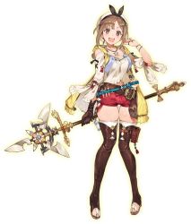 Rule 34 | 1girl, atelier (series), atelier ryza, atelier ryza 1, belt, breasts, brown eyes, brown hair, brown thighhighs, cleavage, clothing cutout, flask, full body, gloves, hat, holster, hood, hooded vest, hoodie, jewelry, looking at viewer, medium breasts, necklace, official art, open mouth, pigeon-toed, pouch, reisalin stout, round-bottom flask, short hair, short shorts, shorts, shoulder cutout, single glove, skindentation, solo, staff, standing, thigh holster, thigh pouch, thighhighs, thighs, toridamono, transparent background, vest