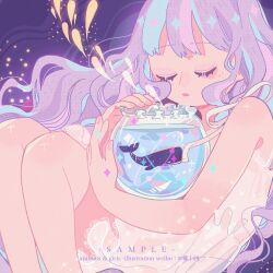 Rule 34 | 1girl, bare arms, bare legs, bowl, closed eyes, commentary, dress, english text, eyelashes, feet out of frame, fingernails, fishbowl, freckles, highres, holding, holding bowl, lace, lace-trimmed dress, lace trim, long hair, original, parted lips, pink nails, purple background, purple hair, ribbon, sample watermark, short dress, sleeveless, sleeveless dress, solo, sparkle, symbol-only commentary, watermark, wavy hair, weibo username, whale, white dress, white ribbon, yeshisi