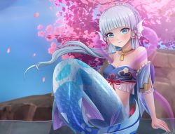 Rule 34 | 1girl, ayaka (genshin impact), blue eyes, blue hair, blue tube top, blunt bangs, breasts, choker, cleavage, commentary, detached sleeves, english commentary, genshin impact, gills, highres, long hair, medium breasts, mermaid, monster girl, monsterification, petals, ponytail, scales, sitting, solo, strapless, tree, tube top, yellow choker, zephylyne