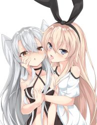 Rule 34 | 2girls, after kiss, alternate costume, amatsukaze (kancolle), bare shoulders, black dress, blonde hair, blush, grabbing another&#039;s breast, breasts, brown eyes, casual, collarbone, commentary request, dress, grabbing, grey eyes, hair between eyes, hairband, halter dress, halterneck, highres, hug, kantai collection, lace, lace-trimmed dress, lace trim, long hair, multiple girls, open mouth, parted lips, saliva, saliva trail, shimakaze (kancolle), shirt, silver hair, simple background, standing, sutetete, sweat, tongue, tongue out, two side up, upper body, very long hair, white background, white shirt, yuri
