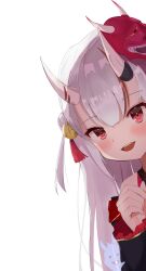 Rule 34 | 1girl, absurdres, bell, blush, detached sleeves, double bun, fuyutsuki kei, gold trim, grey hair, hair bell, hair bun, hair ornament, highres, hololive, horns, jingle bell, long hair, looking at viewer, mask, mask on head, multicolored hair, nakiri ayame, nakiri ayame (1st costume), off shoulder, oni mask, open mouth, peeking out, red eyes, red hair, shiranui (nakiri ayame), skin-covered horns, smile, solo, streaked hair, tassel, tassel hair ornament, two side up, upper body, virtual youtuber