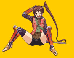 Rule 34 | 1girl, armor, bike shorts, boots, brown hair, capcom, feet, gloves, japanese armor, japanese clothes, long hair, onimusha, onimusha: dawn of dreams, open mouth, ponytail, samurai, sheath, sheathed, side ponytail, simple background, sitting, solo, spandex, spread legs, suneate, sword, teardrop, thigh boots, thighhighs, toes, weapon, wince, yagyu jubei akane, yagyuu juubei (dawn of dreams), yellow background