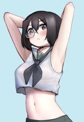 1girl :&lt; absurdres alternate_costume armpits arms_behind_back arms_behind_head arms_up bare_shoulders black_neckerchief blue_background blush breasts brown_eyes choker closed_mouth cowboy_shot crop_top crop_top_overhang girls_und_panzer green_skirt hair_between_eyes highres kawashima_momo looking_at_viewer m1saki_1 medium_breasts midriff monochrome navel neckerchief ooarai_school_uniform sailor_collar school_uniform serafuku shirt short_hair simple_background skirt sleeveless sleeveless_shirt solo stomach underboob upper_body white_shirt