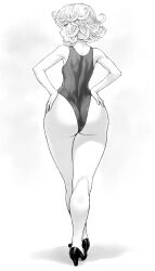 Rule 34 | 1girl, ass, ass grab, blush, curly hair, curvy, from behind, grabbing own ass, greyscale, hands on own ass, high heels, highleg, highleg swimsuit, highres, huge ass, looking at viewer, looking back, mogudan, monochrome, one-piece swimsuit, one-punch man, parted lips, short hair, spread ass, swimsuit, tatsumaki, thick thighs, thighs, wide hips