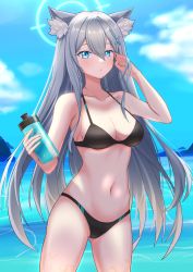 Rule 34 | 1girl, absurdres, alternate costume, alternate hair length, alternate hairstyle, bikini, black bikini, blue archive, blue eyes, blue sky, bottle, breasts, cleavage, cloud, commentary request, cowboy shot, cross hair ornament, day, extra ears, grey hair, hair ornament, halo, highres, jojyo, long hair, looking at viewer, medium breasts, mismatched pupils, navel, outdoors, shiroko (blue archive), sky, solo, swimsuit, water, water bottle