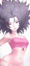 Rule 34 | 1girl, absurdres, bandeau, bare shoulders, black eyes, black hair, bottomless, caulifla, collarbone, dragon ball, dragon ball super, hands on own hips, highres, kanchiyo, navel, no panties, no pants, out-of-frame censoring, pink tubetop, smile, solo, spiked hair, stomach