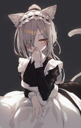 Rule 34 | 1girl, absurdres, animal ear fluff, animal ears, apron, arknights, beudelb, black dress, brown eyes, commentary request, dress, frilled apron, frills, grey background, grey hair, hair over one eye, hand to own mouth, hand up, highres, juliet sleeves, korean commentary, long hair, long sleeves, looking at viewer, maid, maid apron, ponytail, puffy sleeves, ribbon trim, schwarz (arknights), simple background, solo, tail, very long hair, white apron
