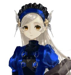 Rule 34 | 1girl, blue hairband, brown eyes, butterfly hair ornament, check copyright, closed mouth, copyright request, eyelashes, found modori, frills, grey background, grey hair, hair ornament, hairband, highres, lavenza (persona 5), long hair, maid headdress, persona, persona 5, puffy sleeves, simple background, sketch, solo, upper body