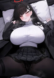 Rule 34 | 1girl, absurdres, black hair, black panties, black pantyhose, black skirt, blue archive, blush, breasts, highres, hyouhyou sub, large breasts, long hair, on bed, panties, pantyhose, rio (blue archive), shirt, skirt, sweater, turtleneck, turtleneck sweater, underwear, white shirt