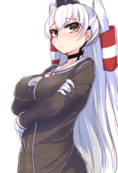 Rule 34 | 10s, 1girl, amatsukaze (kancolle), blush, breast hold, breasts, brown dress, brown eyes, crossed arms, dress, hair tubes, hairband, kantai collection, large breasts, long hair, looking at viewer, silver hair, solo, tenken (gotannda), twintails, two side up, upper body, very long hair
