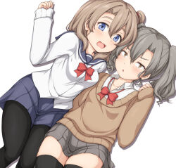 Rule 34 | 2girls, black pantyhose, black thighhighs, blue eyes, blue sailor collar, blue skirt, blush, bow, bow tie, breasts, brown sweater, cousins, dot nose, embarrassed, eyebrows, eyelashes, feet out of frame, female focus, grey hair, grey skirt, haty, jiisan baasan wakagaeru, light brown hair, long sleeves, looking at viewer, medium hair, multiple girls, open mouth, pantyhose, petite, ponytail, red bow, sailor collar, saitou mino, saitou shiori (jiisan baasan wakagaeru), school uniform, shirt, side ponytail, simple background, sitting, skirt, small breasts, sweater, thighhighs, twintails, white background, white shirt, yellow eyes