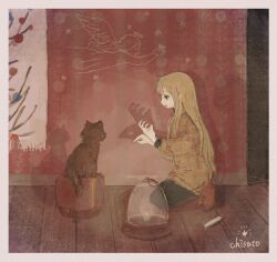 Rule 34 | 1girl, artist name, black cat, black eyes, black pants, blonde hair, border, cat, chalk, chisato charme, commentary, deer shadow puppet, from side, highres, indoors, kneeling, lantern, long hair, looking at animal, no shoes, open mouth, orange sweater, original, pants, plaid, plaid sweater, red socks, shadow, shadow puppet, sidelocks, smile, socks, solo, star (symbol), sweater, symbol-only commentary, wallpaper (object), white border, wide shot