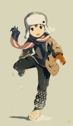 Rule 34 | 1boy, black hair, breath, breathing, child, commentary, full body, gloves, hat, long sleeves, looking at viewer, male focus, noeyebrow (mauve), open mouth, orange gloves, original, scarf, simple background, snow, solo, standing, standing on one leg, winter