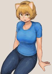 Rule 34 | 1girl, absurdres, alternate costume, animal ears, arm support, blonde hair, blue shirt, breasts, chanta (ayatakaoisii), collarbone, denim, expressionless, fox ears, from above, grey background, highres, large breasts, looking at viewer, no headwear, no tail, open mouth, shirt, short hair, short sleeves, simple background, sitting, solo, touhou, yakumo ran