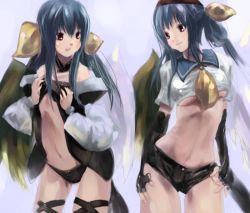 Rule 34 | 2girls, arc system works, asymmetrical wings, blue hair, breast envy, breasts, dizzy (guilty gear), dual persona, fingerless gloves, flat chest, gloves, guilty gear, large breasts, medium breasts, multiple girls, red eyes, sailor collar, salada, short shorts, shorts, smile, sweatdrop, tail, time paradox, underboob, wings
