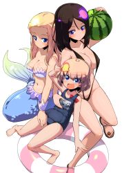 Rule 34 | 10s, :d, black hair, black one-piece swimsuit, black slingshot swimsuit, blonde hair, blue bra, blue eyes, blue one-piece swimsuit, bra, breasts, carrying, clara (girls und panzer), cleavage, emblem, fang, fins, fish tail, food, frilled bra, frills, fruit, full body, girls und panzer, hand on another&#039;s chest, innertube, katyusha (girls und panzer), large breasts, lying, medium breasts, mermaid costume, name tag, navel, nonna (girls und panzer), on back, one-piece swimsuit, open mouth, pravda (emblem), sandals, school swimsuit, simple background, slingshot swimsuit, smile, strapless, strapless bra, sw (taco), swept bangs, swim ring, swimsuit, tail, underwear, v, watermelon, white background, wrist cuffs