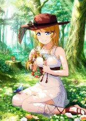Rule 34 | 10s, 1girl, alternate hairstyle, ayase eli, bird, blonde hair, blue eyes, blush, bracelet, bug, butterfly, clover, collarbone, crescent moon, dappled sunlight, day, dress, flower, forest, frilled dress, frills, hair ornament, hairclip, hat, heart, highres, holding, holding flower, holding wreath, insect, jewelry, jpeg artifacts, light rays, long hair, looking down, love live!, love live! school idol festival, love live! school idol project, moon, nature, official art, sandals, see-through, sitting, sleeveless, sleeveless dress, smile, solo, squirrel, star (symbol), sun hat, sunbeam, sundress, sunlight, swept bangs, tree, tree stump, wariza, white dress
