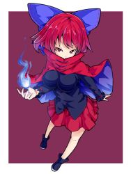 Rule 34 | 1girl, bow, breasts, cape, hair bow, ishimu, large breasts, purple background, red eyes, red hair, red skirt, sekibanki, short hair, skirt, solo, touhou