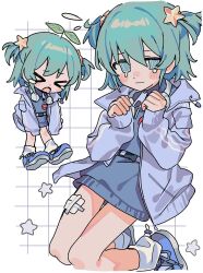 Rule 34 | &gt; &lt;, 1girl, @ @, aqua eyes, aqua hair, blue footwear, blush, chibi, closed eyes, closed mouth, flying sweatdrops, gauze, gauze on leg, grid background, hair ornament, hands up, headphones, headphones around neck, highres, jacket, long sleeves, looking at viewer, loose socks, medium hair, multiple views, name tag, open clothes, open jacket, open mouth, original, pinching sleeves, plant on head, shoes, sleeves past wrists, sneakers, socks, star (symbol), star hair ornament, tears, track jacket, two side up, umipi, white background, white socks, zipper pull tab