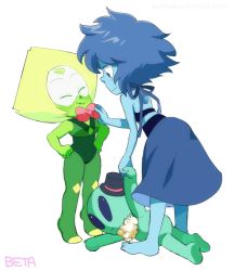 Rule 34 | 2girls, :3, adjusting clothes, artist name, barefoot, blue hair, blue skin, bodysuit, bow, bowtie, colored skin, closed eyes, feet, forehead jewel, green hair, green skin, hands on own hips, height difference, kohira-san, lapis lazuli (steven universe), multiple girls, peridot (steven universe), simple background, smile, steven universe, stuffed alien, stuffed toy, tiptoes, toes, tumblr username, visor, white background