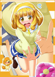 Rule 34 | 10s, 1girl, blonde hair, blush, cardigan, flying sweatdrops, hairband, highres, implied pantyshot, kise yayoi, kneehighs, loafers, neats, open mouth, pop (smile precure!), precure, school uniform, shoes, skirt, smile precure!, socks, solo, wavy mouth, white hairband, white socks, yellow eyes, zoom layer