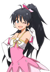 Rule 34 | 1girl, black hair, earrings, ganaha hibiki, idolmaster, idolmaster (classic), jewelry, kidachi, long hair, one eye closed, open mouth, ponytail, simple background, smile, solo, very long hair, white background, wink