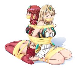Rule 34 | 2girls, arms behind back, bare legs, bare shoulders, barefoot, bdsm, blonde hair, bondage, bound, bound ankles, bound legs, bound together, breasts, cleavage, dress, feet, gag, gagged, hair ornament, improvised gag, jewelry, large breasts, legs, lost one zero, multiple girls, mythra (xenoblade), nintendo, pyra (xenoblade), red eyes, red hair, sideboob, sleeveless, sleeveless dress, sweat, tape, tape gag, xenoblade chronicles (series), xenoblade chronicles 2, yellow eyes