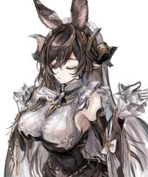 Rule 34 | 1girl, animal ears, blue hair, breasts, brown hair, closed eyes, closed mouth, commentary, detached sleeves, dress, extra ears, frills, galleon (granblue fantasy), gloves, granblue fantasy, hair between eyes, hat, highres, horns, large breasts, long hair, long sleeves, nataro 1116, pointy ears, simple background, solo, striped, upper body, very long hair, white background, white gloves, white hat