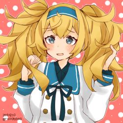 Rule 34 | 1girl, black ribbon, blonde hair, blue eyes, blue sailor collar, cocoperino, dated, dress, gambier bay (kancolle), hairband, kantai collection, neck ribbon, official alternate costume, pink background, polka dot, polka dot background, ribbon, sailor collar, sailor dress, solo, twintails, twitter username, upper body