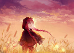 Rule 34 | 1girl, braid, butterfly ornament, capelet, cloud, cloudy sky, fata morgana no yakata, field, highres, hood, hood up, hooded capelet, light smile, long braid, long hair, looking at viewer, morgana (fata morgana no yakata), orange sky, outdoors, red hair, sky, smile, solo, sunset, twin braids, wheat, wheat field, wind, winniconan, yellow eyes