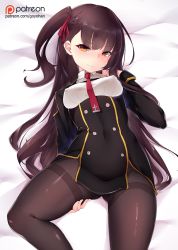 Rule 34 | 1girl, artist name, bed sheet, black pantyhose, blazer, blush, breasts, brown eyes, brown hair, closed mouth, covered erect nipples, donedone, framed breasts, girls&#039; frontline, gluteal fold, gusset, hair ribbon, half updo, hand on own chest, head tilt, jacket, long hair, looking at viewer, lying, medium breasts, necktie, on back, one side up, panties, pantyhose, pelvic curtain, purple hair, red necktie, red ribbon, ribbon, shirt, sidelocks, skirt, solo, thigh grab, thighband pantyhose, thighs, underwear, very long hair, wa2000 (girls&#039; frontline), white panties